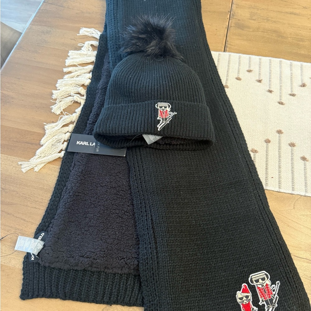 Karl Lagerfeld Black Knit Hat and Scarf Set